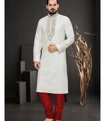 Off White Embroidered Dupion Mens Kurta Pajama