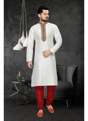 Off White Embroidered Art Silk Mens Kurta Pajama 1