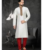 Off White Embroidered Art Silk Mens Kurta Pajama