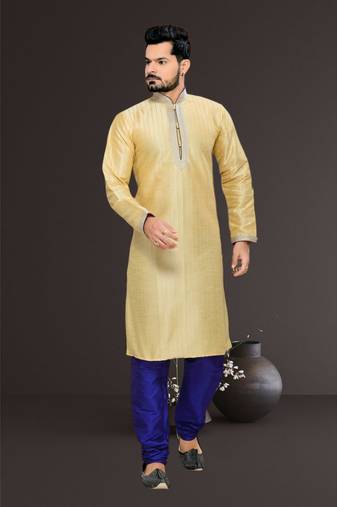 Gold Embroidered Art Silk Mens Kurta Pajama