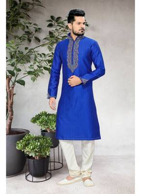 Royal Blue Embroidered Art Silk Mens Kurta Pajama 1