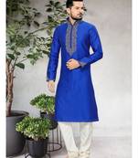 Royal Blue Embroidered Art Silk Mens Kurta Pajama