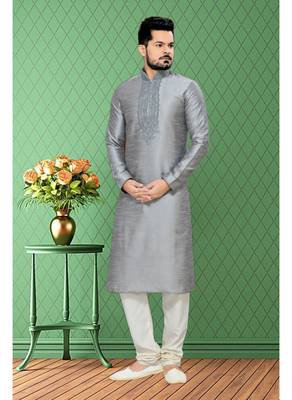 Grey Embroidered Art Silk Mens Kurta Pajama 1