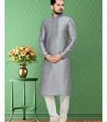 Grey Embroidered Art Silk Mens Kurta Pajama