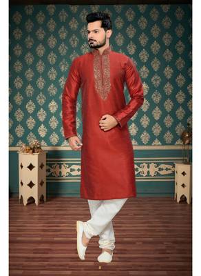 Marron Embroidered Art Silk Mens Kurta Pajama 1