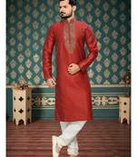 Marron Embroidered Art Silk Mens Kurta Pajama