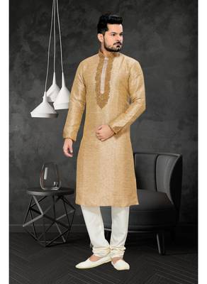 Gold Embroidered Art Silk Mens Kurta Pajama 1