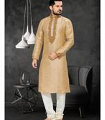Gold Embroidered Art Silk Mens Kurta Pajama