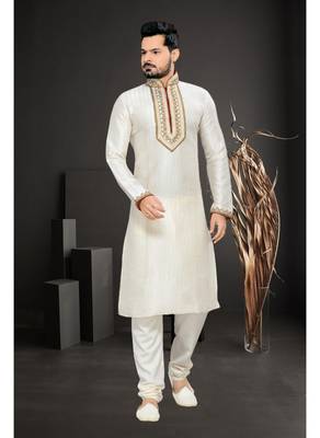 Cream Embroidered Jacquard Mens Kurta Pajama 1