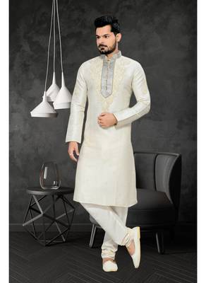 Lemon Embroidered Art Silk Mens Kurta Pajama 1