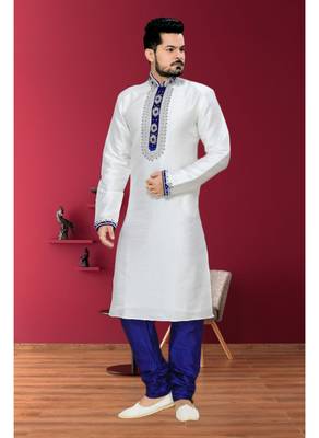Off White Embroidered Jacquard Mens Kurta Pajama 1