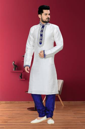 Off White Embroidered Jacquard Mens Kurta Pajama