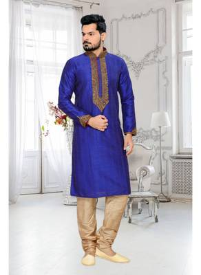 Royal Blue Embroidered Art Silk Mens Kurta Pajama 1