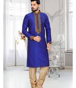 Royal Blue Embroidered Art Silk Mens Kurta Pajama
