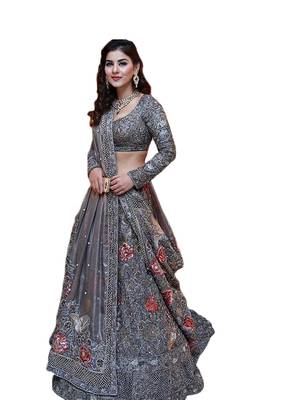 Grey Embroidered Nylone Net Lehenga Choli With Dupatta 2