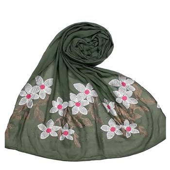 Green Cotton Designer Flower Ari Diamond Stole Hijab 1