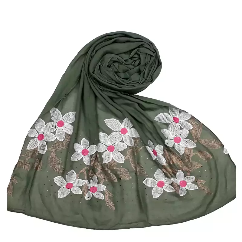 Green Cotton Designer Flower Ari Diamond Stole Hijab
