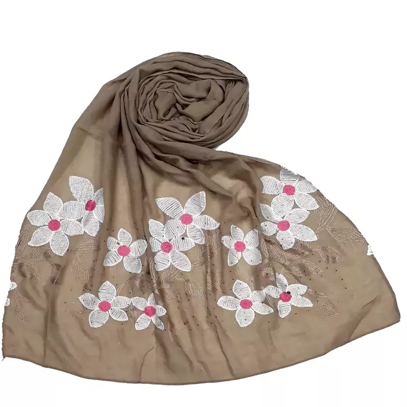 Brown Cotton Designer Flower Ari Diamond Stole Hijab