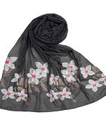 Grey Cotton Designer Flower Ari Diamond Stole Hijab