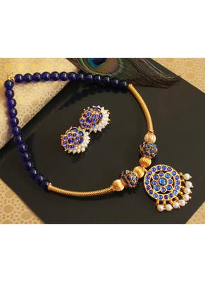 Beautiful Blue Pearl Designer Temple Necklace Set 1