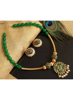 Beautiful Green Pearl Designer Temple Necklace Set 1