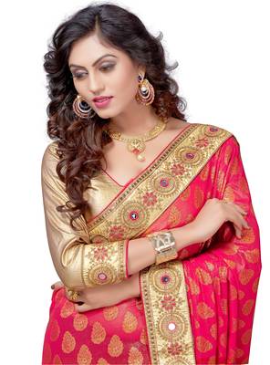 Trendmalls Pink embroidered brasso saree with blouse  5
