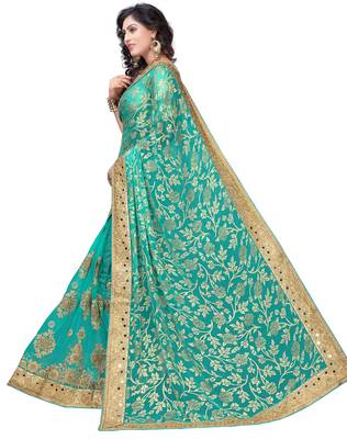 Turquoise embroidered brasso saree with blouse 3
