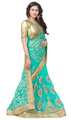 Turquoise embroidered brasso saree with blouse 4