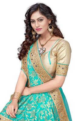 Turquoise embroidered brasso saree with blouse 5