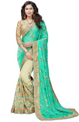 Turquoise embroidered brasso saree with blouse 1