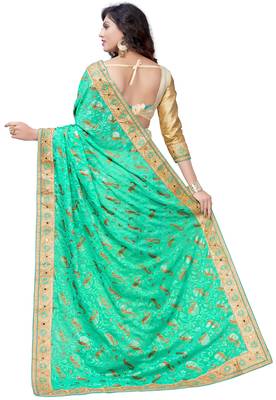 Turquoise embroidered brasso saree with blouse 2