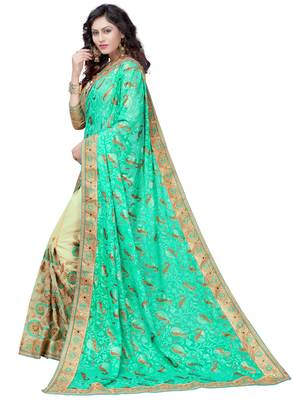 Turquoise embroidered brasso saree with blouse 3