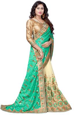 Turquoise embroidered brasso saree with blouse 4