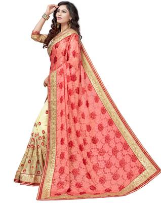 Red embroidered brasso saree with blouse 3