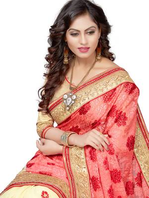 Red embroidered brasso saree with blouse 5