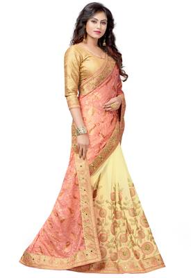 Pink embroidered brasso saree with blouse 4