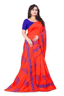 Red Embroidered Silk Saree With Blouse 2
