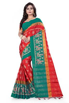 Red Plain Cotton Silk Saree With Blouse 1