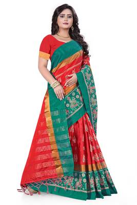 Red Plain Cotton Silk Saree With Blouse 2