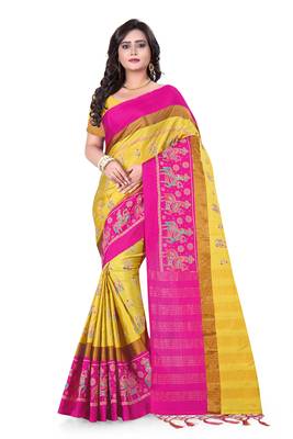 Yellow Plain Cotton Silk Saree With Blouse 1