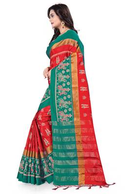 Red Plain Cotton Silk Saree With Blouse 3