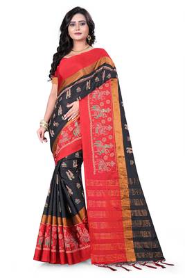 Black Plain Cotton Silk Saree With Blouse 1