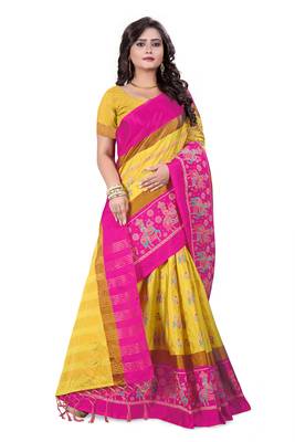 Yellow Plain Cotton Silk Saree With Blouse 2