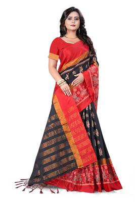 Black Plain Cotton Silk Saree With Blouse 2