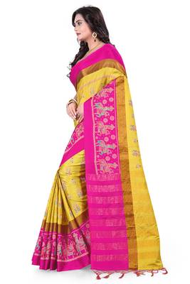 Yellow Plain Cotton Silk Saree With Blouse 3