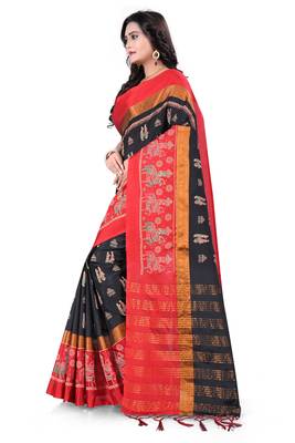 Black Plain Cotton Silk Saree With Blouse 3