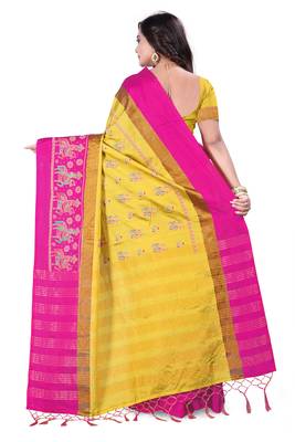 Yellow Plain Cotton Silk Saree With Blouse 4