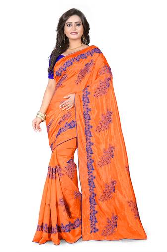 Orange Embroidered Silk Saree With Blouse