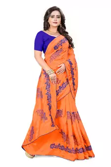 Orange Embroidered Silk Saree With Blouse