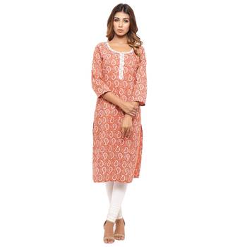Orange printed cotton kurti 1